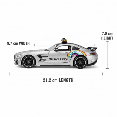 Image of Mercedes AMG GT F1 Safety Car 1:24 Scale Die Cast Metal Car - Pull Back Sports Coupe in Silver with Openable Doors & Hood, Light & Sound, Steerable Wheels, Showpiece for Kids