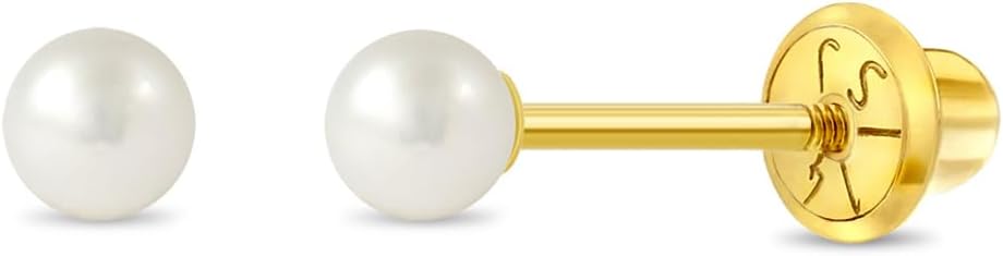 14k Yellow Gold Classic Freshwater Cultured Pearl Kids Earrings - Earrings for Girls with Safety Screw Backs - Safe & Comfortable for Toddlers, Kids & Little Girls