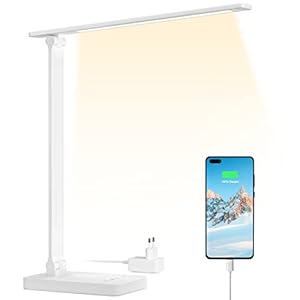 Lepro Lampe de Bureau LED 15W avec Port USB Séparé Lampes Bureau Dimmable 96LEDs 655LM, Pied Réglable, Moderne, Contrôle Tactile, Anti-Éblouissement Pour Lecture Travail Manucure Couture – Blanc