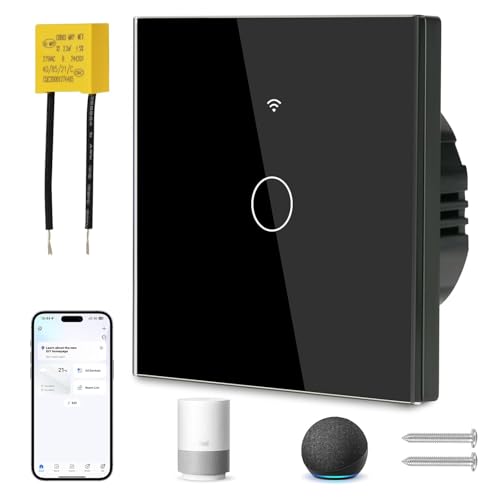 proAMEDEN Interruptor de luz inteligente WiFi 1/Gang NO NECESITA NEUTRO, panel de vidrio, interruptor táctil WiFi 2,4 GHz, control remoto Smart Life/Tuya, funciona con Alexa, Google Home, Negro[1pc].