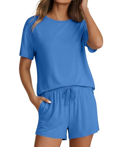 Image of Ekouaer Pajama Set for Women Viscose from Bamboo Short Sleeve Tops and Shorts Set 2 Piece Lounge Set