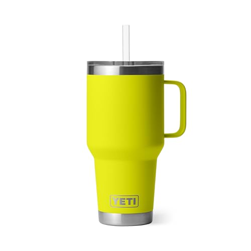 Image of YETI Rambler 35 oz Tumbler with Handle and Straw Lid, Travel Mug Water Tumbler, Vacuum Insulated Cup with Handle, Stainless Steel, Firefly Yellow