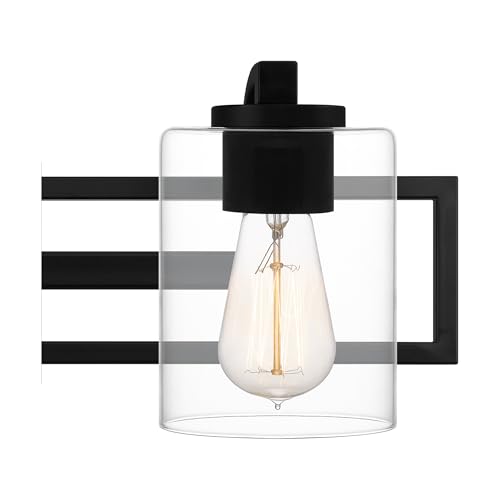 Image of Quoizel Lansdowne Modern Bath Vanity Lights,18.25 Inch 2-Light Matte Black Lighting Fixtures Over Mirror, Clear Glass Shade, 100W, Decorative Wall Light for Bathroom, Dresser, Kitchen or Hallway