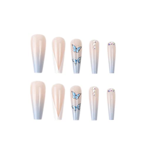 Kamize Long Press On Nails Coffin With Butterfly Design Blue Gradient Fake Nails Tips Full Cover Acrylic French False Nails For Women And Girls24Pcs #TOP1