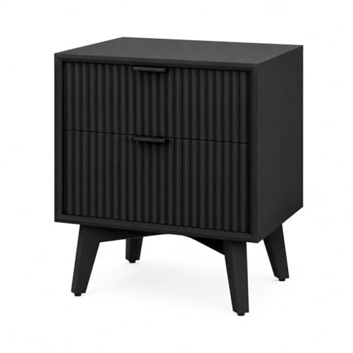 Image of Wooden Bedside Table for Luxury Bedroom | Wooden Bed Side Nightstand Lamp Table with 2 Drawers Storage | Premium Wood Side Table for Living Room, Home & Office | Fluted- Black Finsih