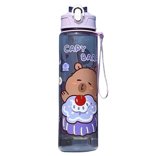 Botella de agua de Kawaii, botella de agua de Capybara 750ml Kawaii transparente con tazas para beber fugas de paja con mango para mujeres deportistas para acampar de caminata de picnic, púrpura tran
