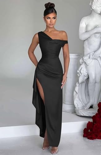 Women's One Shoulder Formal Evening Party Maxi Dress Satin Prom Dresses with High Slit2