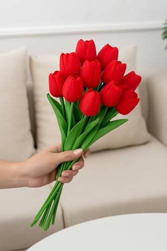 Image of Pink Olive Tulip Flowers Bunches | for Home Decor | Living Room, Corner Table, Bedroom, Wedding Party Decor, Gifting | Real Like Feel, Artificial Flower | Bunch of 05 (Red Tulip)