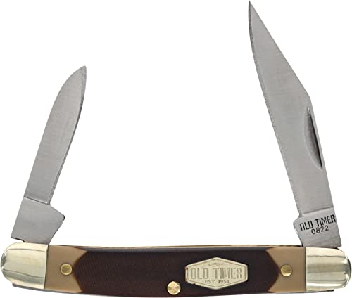 Old Timer 104OTCP Small Canoe 4.7in Stainless Steel Traditional Folding Pocket Knife with Clip Point and Drop Point Blades Sawcut Handle and Convenient Size for EDC Camping Hunting One Size Black