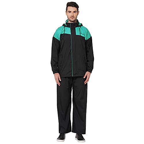 Image of Zeel Rain Coat for Men Waterproof for Bike Riders with Adjustable Hood and Pocket,Waterproof Raincoat with Polyester Jacket Pant and Carrying Pouch,AZ06 Black-Green XXL