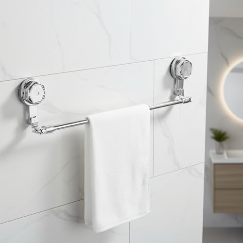 Image of Amazon Basics Suction Adjustable Towel Rod (60-112Cm) | Self Adhesive Wall Mounted Towel Holder for Bathroom | No Drill, Rustproof