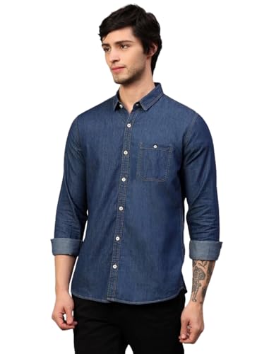 Image of Men's Denim Shirt with Regular Fit Solid Pattern Long Sleeve Collared Neck and Button Down Closure|Men Denim Shirt