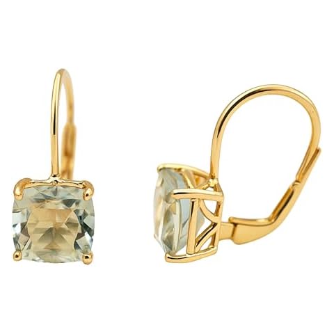 Green Amethyst Cushion Cut Leverback Drop Earrings 8mm – 925 Sterling Silver with 3 Micron Gold Plating – Natural Prasiolite Gemstone, Handmade Fine Jewelry for Women (yellow-gold-plated-silver) Cover