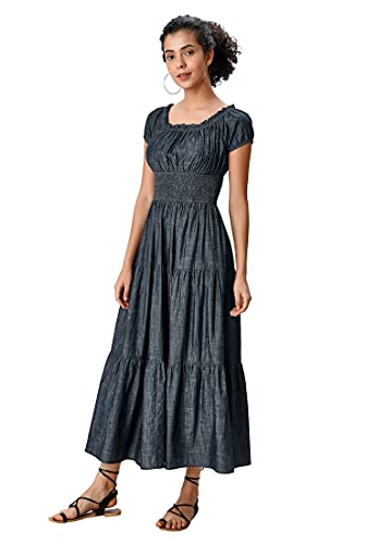Eshakti Women's Smocked Cotton Chambray Tiered Dress 1X-18W Indigo Chambray #TOP2