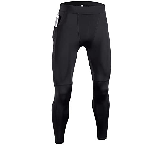 HomyComy Leggings de yoga para hombre, pantalones de compresión deportivos con bolsillos con cremallera, Negro, Large Cover