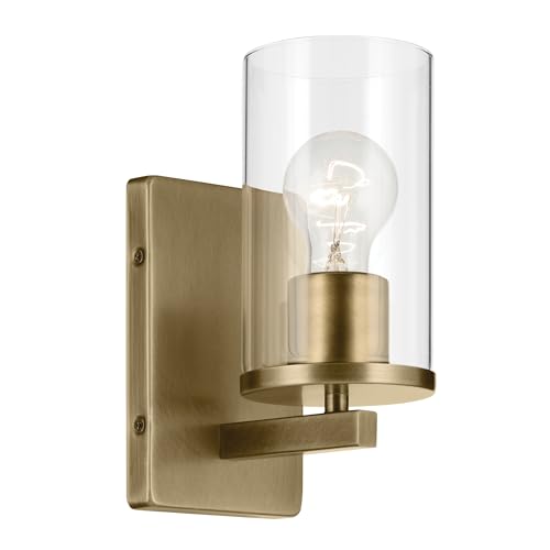 Image of Kichler Crosby 4.5 inch 1-Light Wall Sconce Bathroom Light Fixture with Clear Glass in Natural Brass for Powder Room, Hallway, Kitchen, Bedroom (4.5 inch x 9.25 inch), 45495NBRCLR