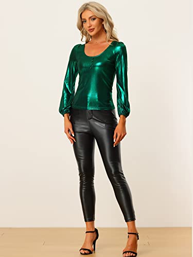 Image of Allegra K Metallic Blouse for Women's Sparkly Party Club Shiny Bishop Sleeve Disco Glitter Tops