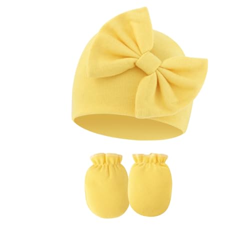 Image of UTTPLL Newborn Beanies Cap No Scratch Mittens Set 0-6 Months Infant Bow Caps Baby Girls Boys Cute Nursery Headbands Hats
