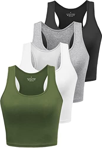 Joviren 4-Pack Cotton Workout Crop Tank Tops for Women - Racerback Yoga & Athletic Sports Shirts in Black/White/Grey/Army Green M