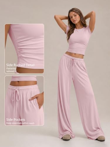Image of Trendy Queen 2 Piece Matching Summer Lounge Set Womens Side Ruching Top Wide Leg Pants Sets with Pockets