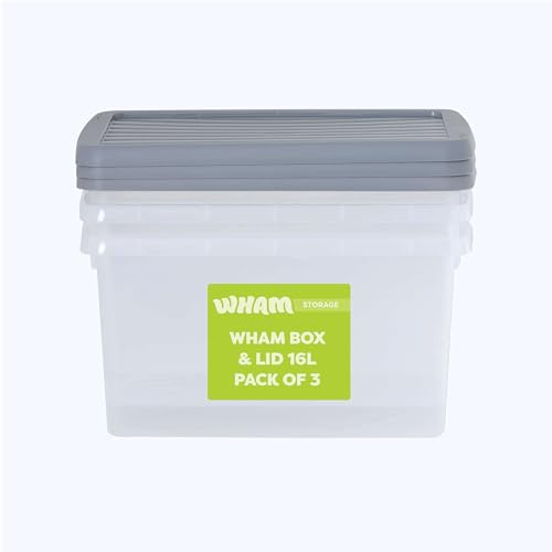 Wham Box 3 x 16L Stackable Plastic Storage Boxes with Lids | Ideal for Home, Office, Toys & More | Secure, Ribbed Clip-On Lid for Added Strength | Made in UK - Clear/Steel