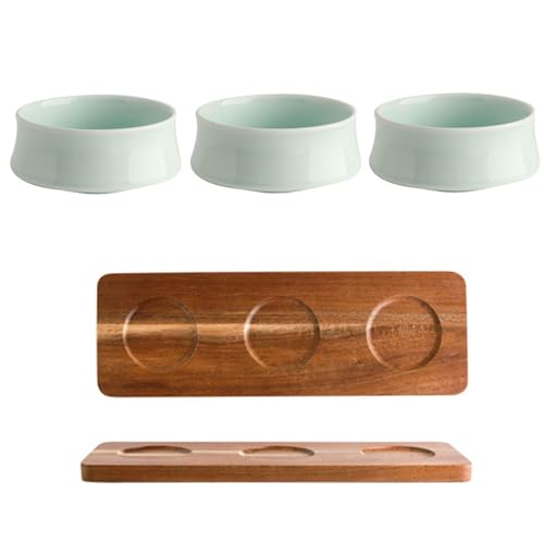 Dxcaicc 3 Packs Ceramic Chips and Dip Serving Platter with Wooden Tray, Mini Dipping Serving Saucers Bowls,Dipping Dishes for Condiments,Side Dishes,Dessert, Salsa,Green