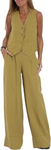 Conjunto de 2 piezas para mujer, cuello en V, sin mangas, chaleco con botones, pantalones de pierna ancha, traje blazer de verano de lino a juego, verde, M