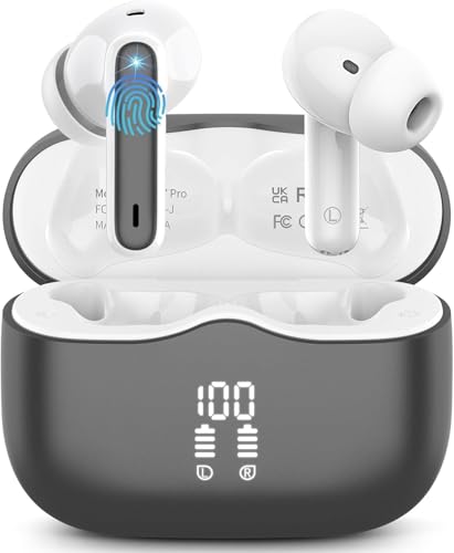 Wireless Earbuds, Bluetooth 5.3 Headphones in Ear with HiFi Stereo Deep Bass, 40H Playtime Wireless Earphones mit 4 ENC Noise Cancelling Mic, IP7 Waterproof Bluetooth Earbuds, LED Display, Dark Gray