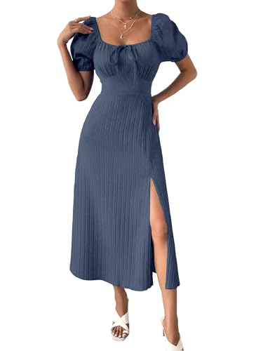 Image of Shasmi Women's & Girl's Tie Front Split Thigh Milkmaid Maxi Dress - Square Neck Puff Sleeve A-Line Long Dress, Elegant Casual & Parties Wear for Ledies (Dress 245)