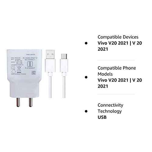 Image of 18W Charger Adapter & USB to C Cable Compatible for Vivo V9 / Y21L /V7 / Y6 /V11 Pro / V17 /V17 Pro /Y17 /U10 /Vivo V 5 Plus / V5S / Y31 / / Y51 / / Y53 / / Y55 (VIV0 18W Charger), White