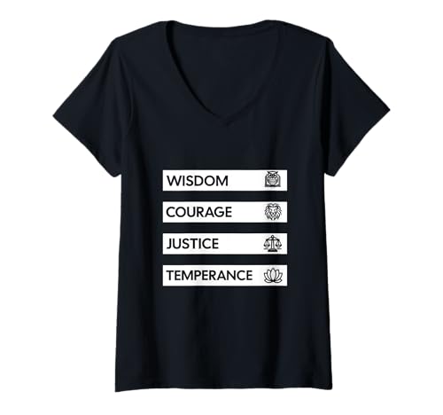 Womens Stoic Virtues Icons – Wisdom, Courage, Justice, and Tempera V-Neck T-Shirt