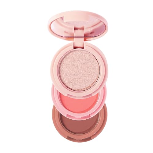 Image of Stackable Triple-Layer Eyeshadow Palette with Mirror - Compact Round Case in Pale Pink Featuring Shimmer Rose-Gold Matte Coral-Pink & Terracotta-Brown Shades for Versatile Everyday Makeup