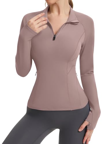 LUYAA Womens Tops Long Sleeve Workout Gym Clothes 2025 Fall Fashion Fitness Clothing 1/4 Zip Pullover Women Brown Grey S