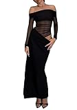 LETSVDO Women's Off The Shoulder Mesh Maxi Dress Long Sleeve Bodycon Ruched Asymmetrical Cutout Sexy Party Dresses