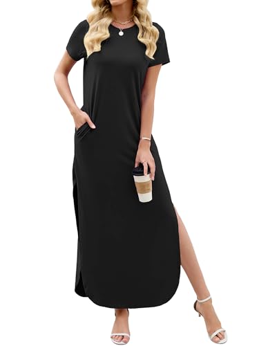Image of Heymoments Womens Summer Maxi Dress Short Sleeve Casual Loose Long T Shirt Split Vacation Beach Sundress with Pockets