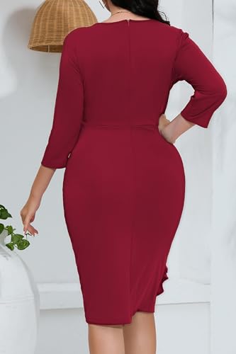Image of Plus Size Dresses for Curvy Women 3 /4 Sleeve Bodycon Fit Ruffle Midi Pencil Dress