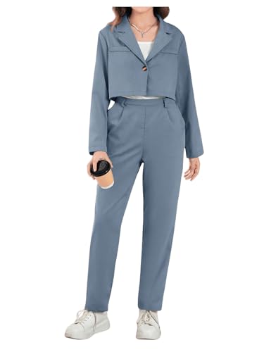 Image of Milumia Girl's 2 Piece Outfits Lapel Collar Button Open Front Long Sleeve Blazer and Pants Set