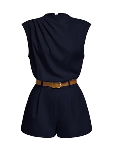 Image of SOLY HUX Women's Summer Ruched Mock Neck Romper Elegant Cap Sleeve Belted Work Short Jumpsuits