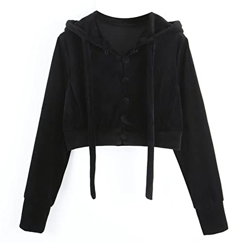 Velours hoodie boutons femme : outerwear chic vintage de mi-saison taille L