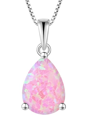 YL Teardrop Necklace 925 Sterling Silver Solitaire Pendant 9x12 MM Pear Cut Pink Created Opal Jewelry for Women