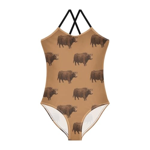 Highland Cow Ox Brown Girls One Piece Swimsuit Beach Swimwear 2301756