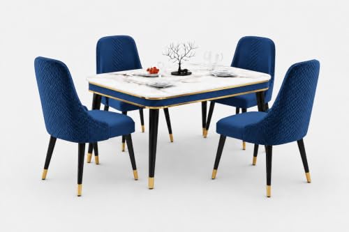 Image of WOODEN SPACE Majestic 4 Seater Wooden Dining Table Set | Urban Marble Top Dining Table with Chairs for Dining Room & Kitchen (Modern Vento Navy Blue) (54 x 36 x 30 inch)