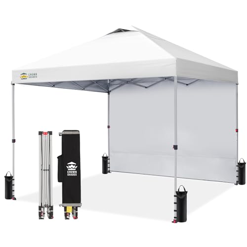 CROWN SHADES 12x12 Pop Up Canopy Tent Instant Commercial with 150D Silver Coated Fabric Including 1 Removable Sidewall, 4 Ropes, 8 Stakes, Weight Bags, STO 'N Go Bag, White