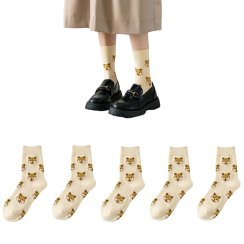 AKAMAS 5 Paar Damen Lustige Hund Shiba Inu Teddyhund Malteser Gemusterte Muster Mehrfarbige Crew Socken,Warm Realistische Tier Welpe Stretch Stretch Sport Lässige Socken B