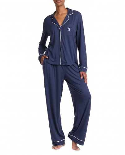 Image of U.S. POLO ASSN. Womens Lightweight Notch Collar Pajama Set | Classic Button Down Pajamas for Women with Long Sleeve Top and Pajama Pants