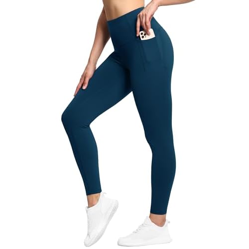 THE GYM PEOPLE Tummy Control Workout Leggings with Pockets High Waist Athletic Yoga Pants for Women Running, Fitness 26.8" Inseam Small Dark Blue Gree