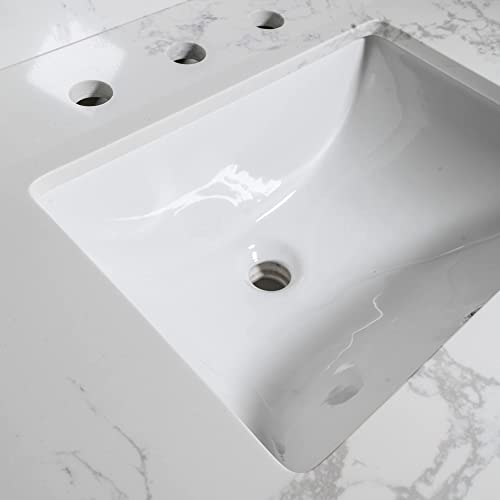 43 Inch Marble Vanity Top With Undermounted Rectangular Ceramic Sink & Backsplash, White Carrara Engineered Stone Countertop For Bathroom Kitchen Cabinet 3 Faucet Hole (Not Include Cabinet) #TOP6