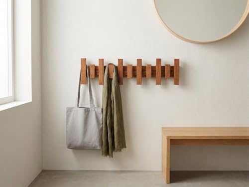 Image of Wooden Wall-Mounted Coat Rack with Multiple Hooks, Natural Wood Finish, Entryway Organiser