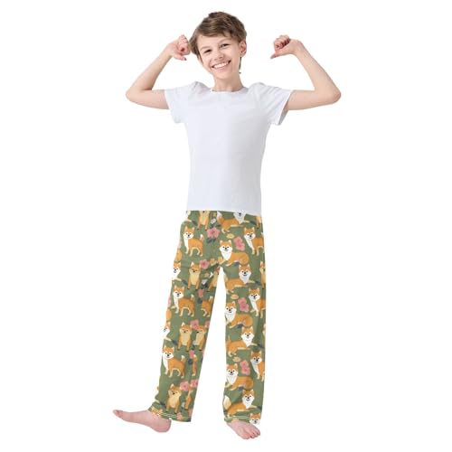 Corgi Dog with Flowers Boys Long Pants Soft Trousers Elastic Waist Kids Lounge Bottoms with Pockets S-XL2