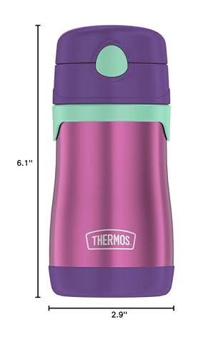 Image of Thermos Baby 10 oz. Stainless Steel Bottle with pop-up straw, Purple with Teal